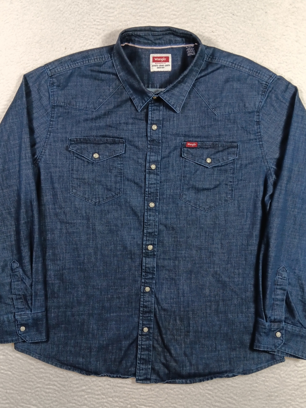 Wrangler Shirt Mens XL Indigo Denim Pearl Snap Dark Wash Cowboy Rodeo Western